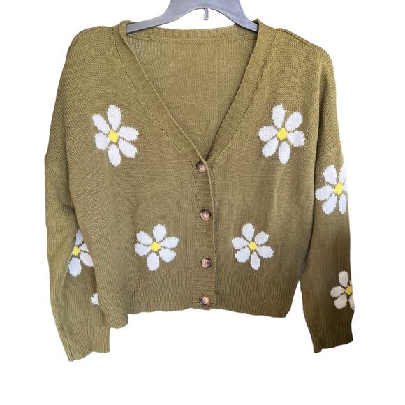 Unbranded Sweaters - UNBRANDED army olive green thrashed daisy button front cardigan hippy boho sz L